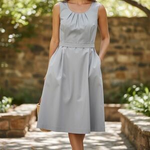 Ann Taylor Light Gray Belted Sheath Dress Pleated Scoop Neck Size 2